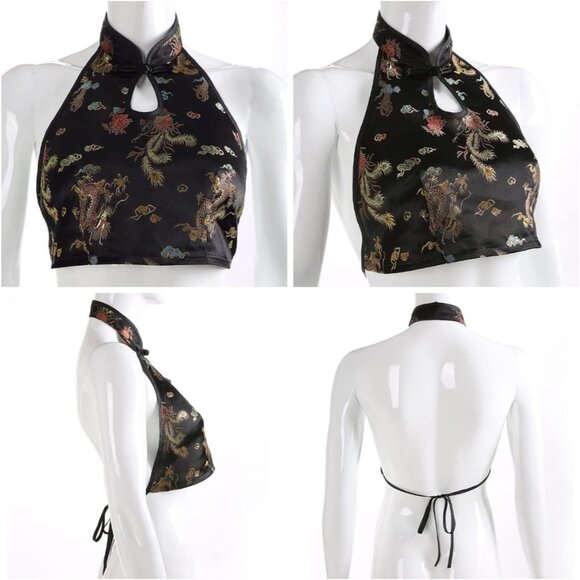 Women's Satin Sleeveless Crop Top Halter Tie Embroidery Chinese Style - Picture 5 of 6